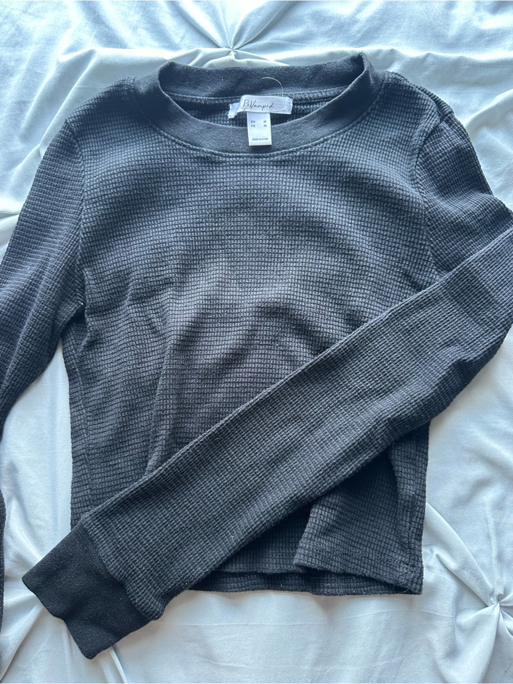 Black Waffle Knit Long Sleeve Top